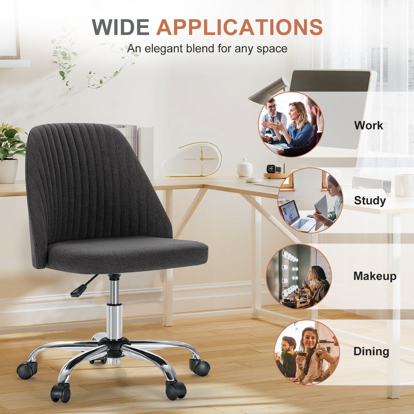 Modern Armless Swivel Office Chair – Adjustable Fabric Desk Chair with Wheels