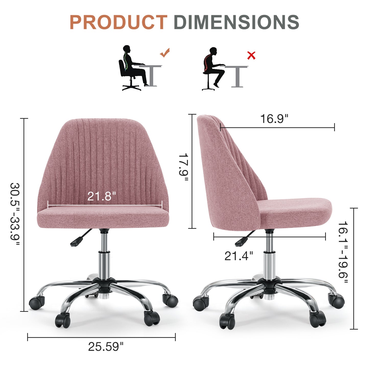 Modern Armless Swivel Office Chair – Adjustable Fabric Desk Chair with Wheels