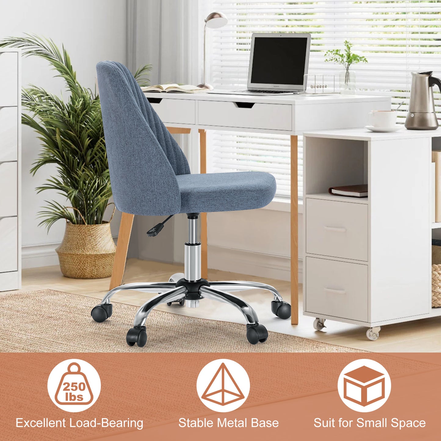 Modern Armless Swivel Office Chair – Adjustable Fabric Desk Chair with Wheels