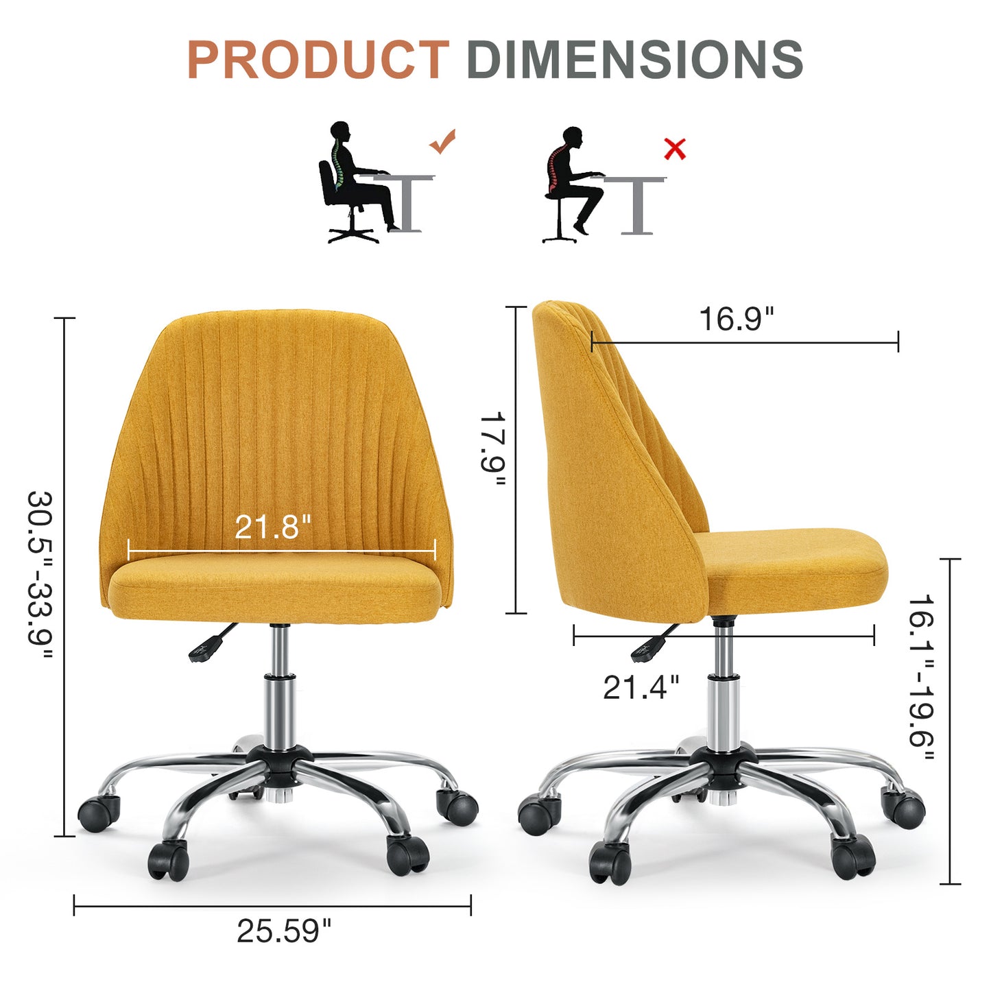 Modern Armless Swivel Office Chair – Adjustable Fabric Desk Chair with Wheels