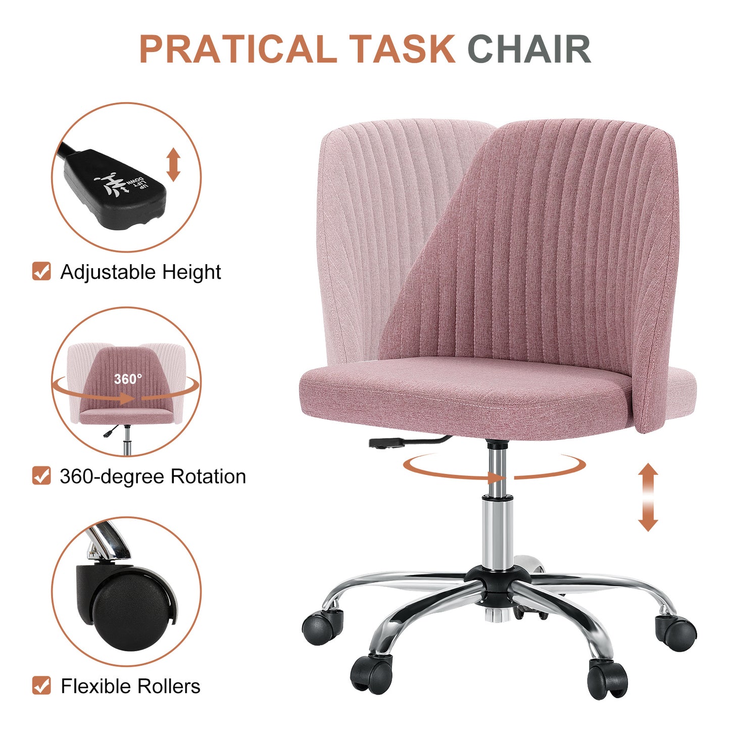 Modern Armless Swivel Office Chair – Adjustable Fabric Desk Chair with Wheels